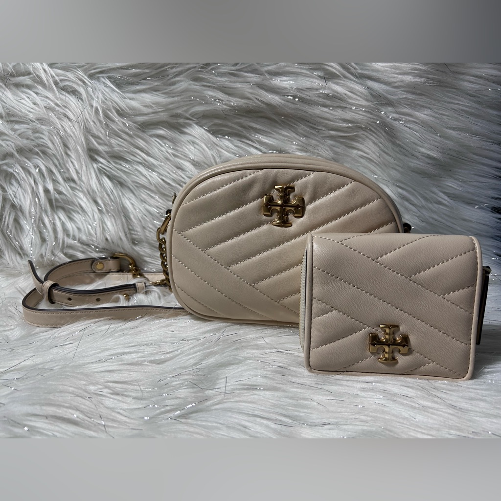 Tory Burch New Cream Kira Chevron Small Camera Bag And Bi-Fold Wallet Bundle